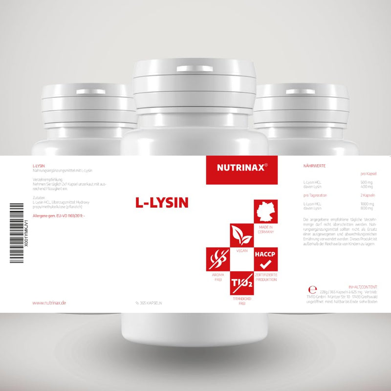 [Australia] - NUTRINAX | L-Lysine | 365 vegan lysine capsules | Highly dosed with 1000mg L-Lysine HCL (800mg L Lysine per daily dose) | Made in Germany | from vegetable fermentation 