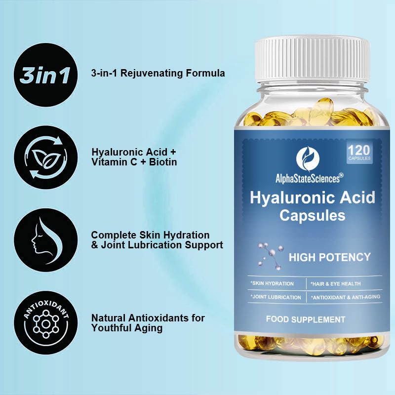 RevitalizeXtra Hyaluronic Acid - 120 SoftGel Capsules, Hyaluronic Acid 250mg, Vitamin C 25mg, Biotin 5000mcg - 2 Month Supply for Radiant Skin, Hair, and Joint Health