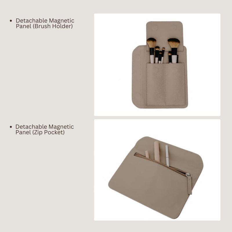 MELINE Leather Makeup Bag with Brush Holder,Travel Cosmetic Case for Women,Large Capacity Waterproof Toiletry Bag with Handle,Stylish and Durable Makeup Organizer (Taupe) Taupe