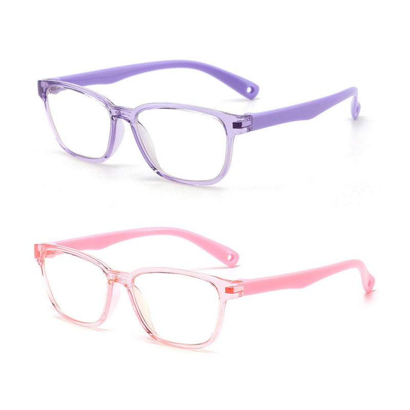 [Australia] - Kids Blue Light Blocking Glasses 2 Pack, Anti Eyestrain & UV Protection, Computer Gaming TV Phone Glasses for Boys Girls Age 3-9 (Transparent Purple+ Transparent Pink) Transparent Purple+ Transparent Pink 