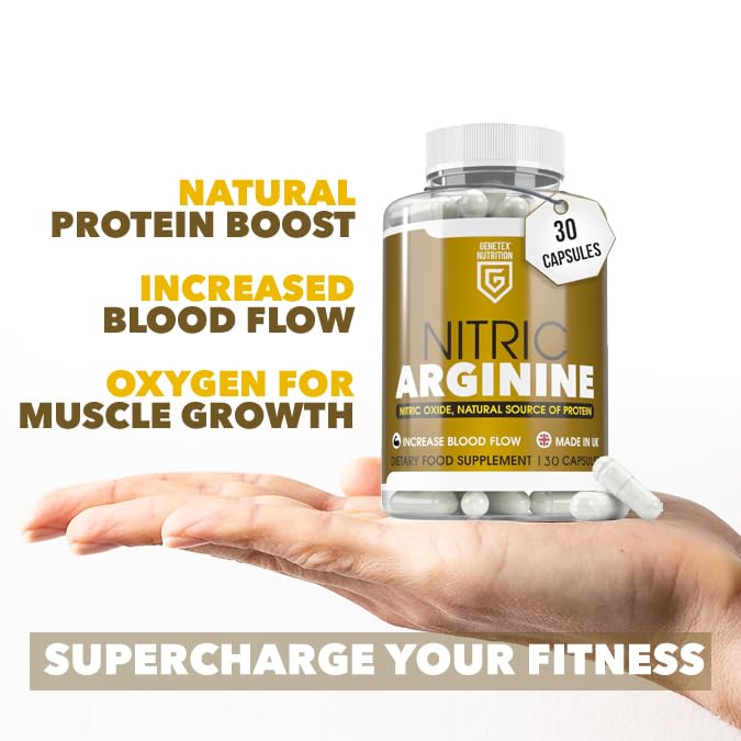 Nitric L-Arginine Nitric Oxide Booster | Natural Protein Source Supplement | Testosterone Supplements for Men | Supports Performance, Energy & Stamina, Vegan & Vegetarian Friendly, 30 UK Made Capsules