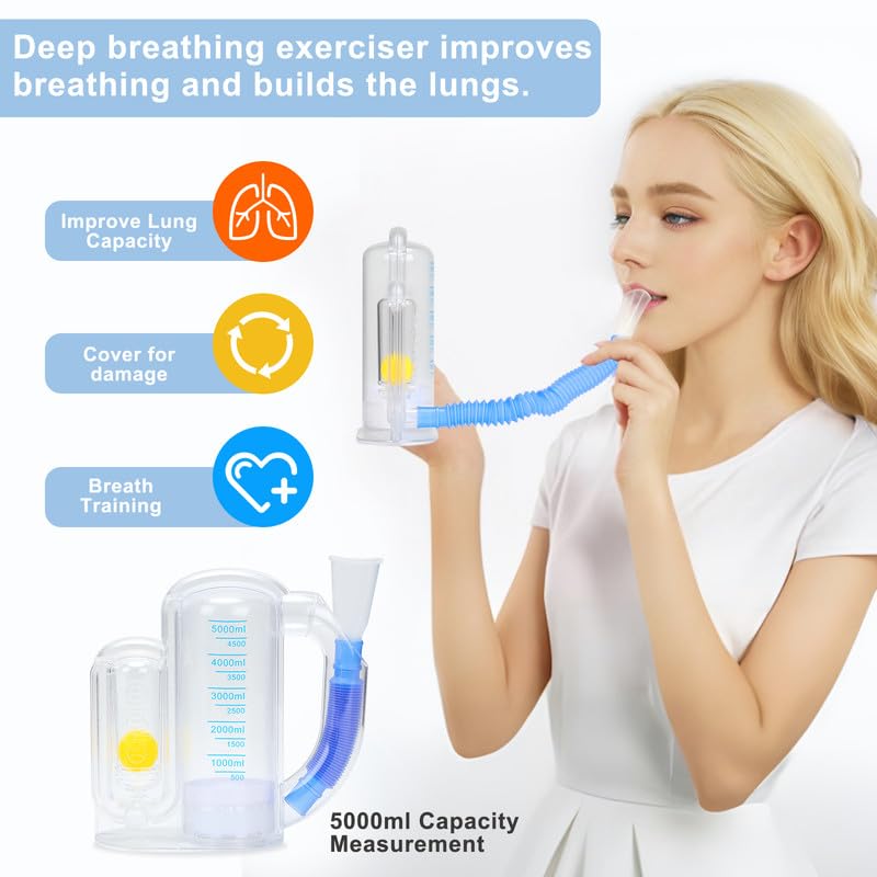 [Australia] - Breathing Trainer for Adults,Breathing Exercise Device for Lungs, 5000ml Volume Measurement with Flow Rate Indicator. transparent breathing device.breathing trainer,trainer.Incentive Spirometer Adult. 