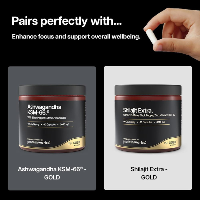 Shilajit Extra - Gold, with Lion's Mane, Black Pepper, Vitamin B12 & B6, Zinc, High Strength Himalayan Shilajit, Focus, Energy, Immune Support, Vegan, 60 Capsules | Protein Works