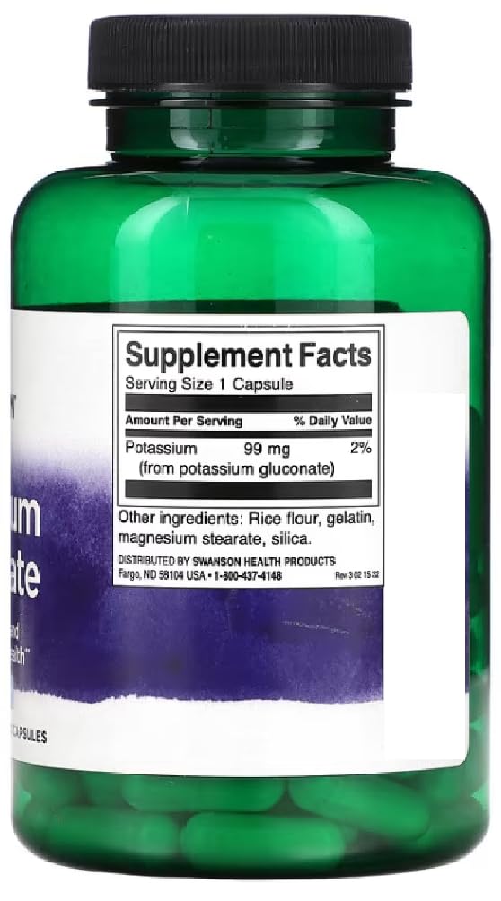 Swanson - Potassium Gluconate, 99mg | Electrolyte and Heart Health - 100 Capsules