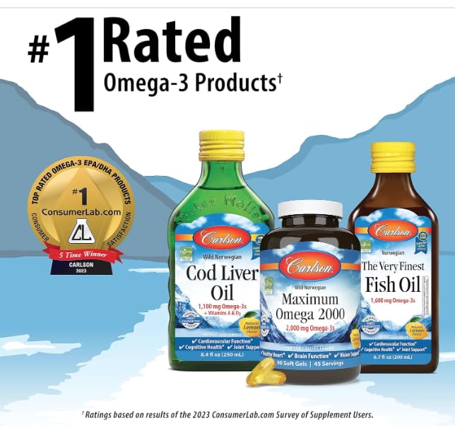 Maximum Omega 2000, 2000 mg Omega-3 Fatty Acids Including EPA and DHA, Wild-Caught, Norwegian Fish Oil Supplement, Sustainably Sourced Fish Oil Capsules, Lemon, 60 Softgels