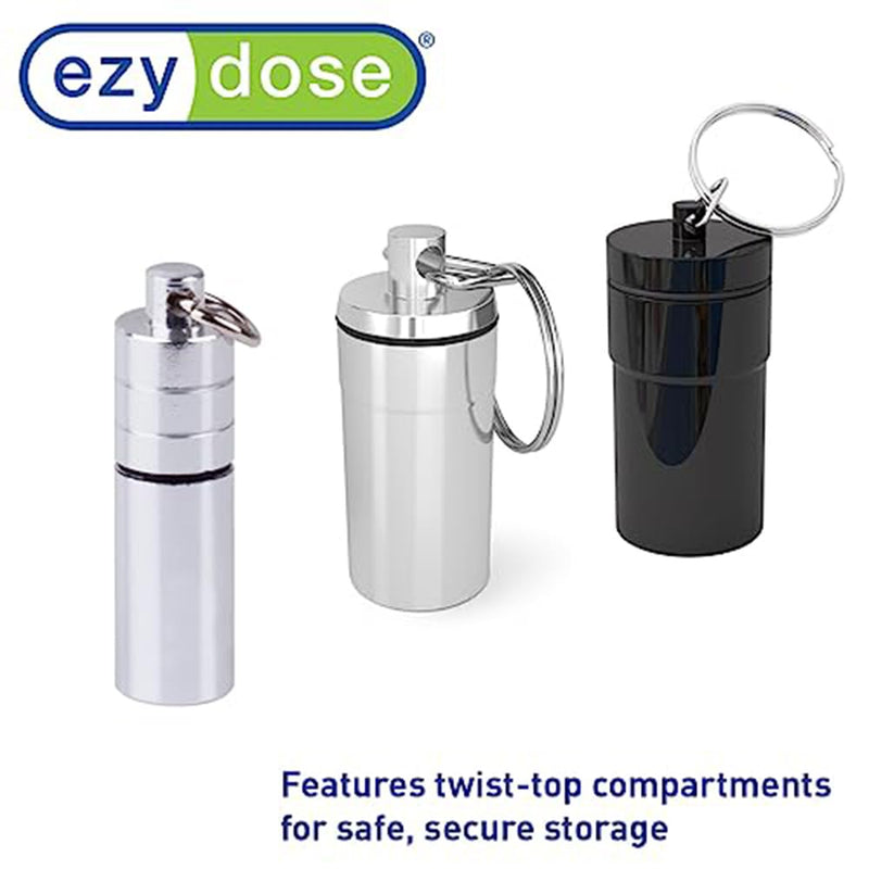EZY DOSE Keychain Pill Box and Medicine, Vitamin Container, Safe for Money & Travel Items, Metal Canister, Medium Compartments, Various, BPA Free Silver