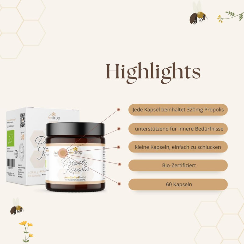 [Australia] - bedrop organic propolis capsules 800 mg per capsule, high dosage - 60 propolis extract capsules from organic beekeeping - rich in polyphenols and flavonoids - in sustainable glass packaging, 60 pieces (pack of 1) 