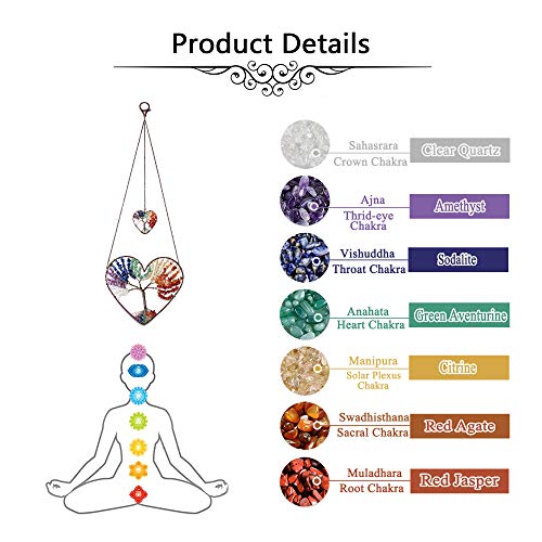 Jovivi Double Heart 7 Chakra Crystals Tree of Life Hanging Ornament Decor