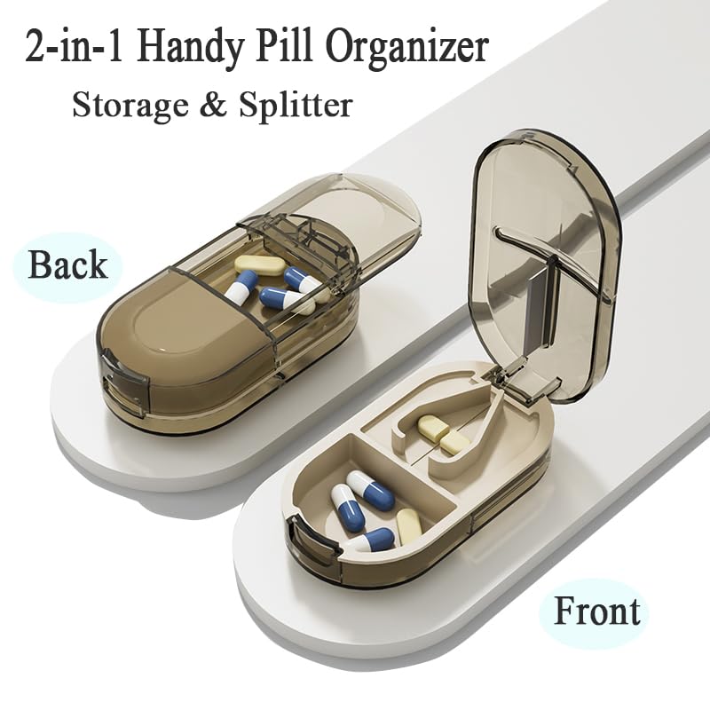 Travel Pill Organizer, 2-in-1 Small Portable Tablet Splitter Box | Tablet Cutter Pill Case for Cut Pills, Medication, Vitamin, Fish Oil, Supplement, Capsule Sorter, Transparent Brown Container