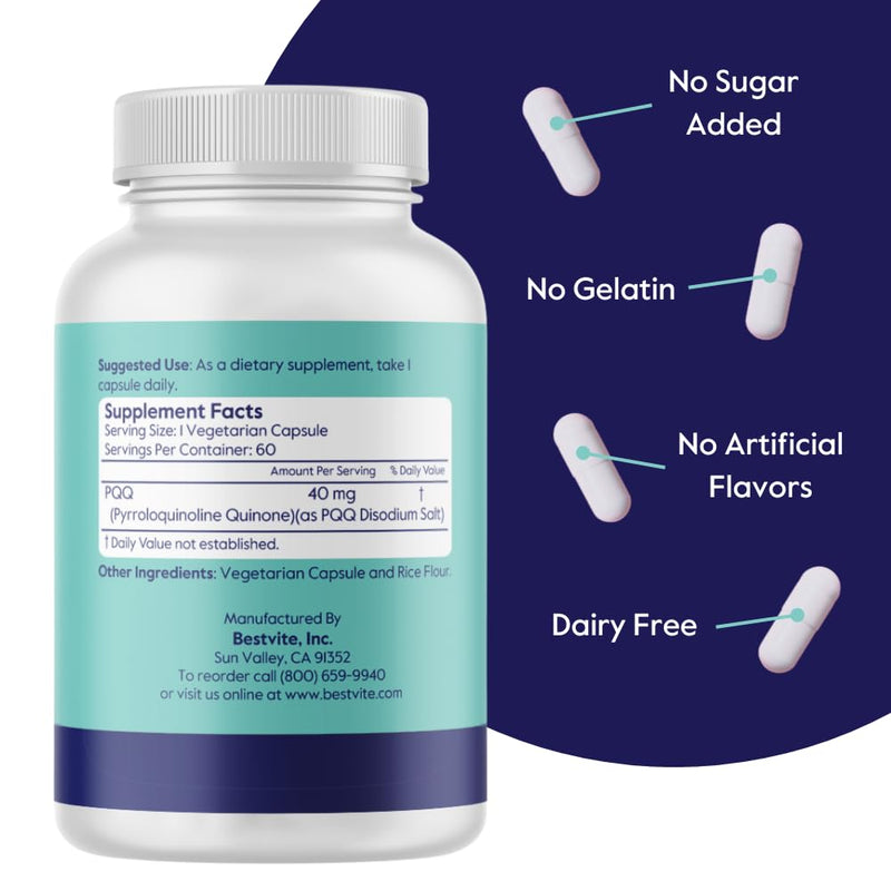 BESTVITE PQQ 40mg (Pyrroloquinoline Quinone) (60 Veg Caps) - Extra Strength | No Stearates - Vegan - Non GMO - Gluten Free - Cellular Energy & Brain Support* - Easy to Swallow Capsules 1 Count (Pack of 60)