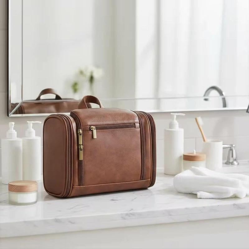 TUCKR Leather Toiletry Bag for Men & Women, Travel Dopp Kit for Everyday Essentials, Water Resistant, Compact & Sleek Design with Hook and Multiple Compartments (Dark Brown) Dark Brown