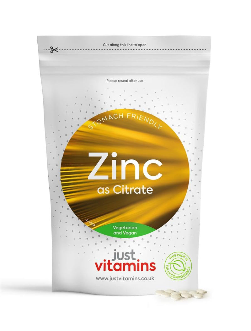 Zinc Citrate 10mg | 100% NRV of Zinc per Tablet | Healthy Bones, Skin, Eyes, Hair & Nails | Cognitive Function & Immune System Support | 180 Vegan Tablets | UK Made - Just Vitamins 1 count (Pack of 180)