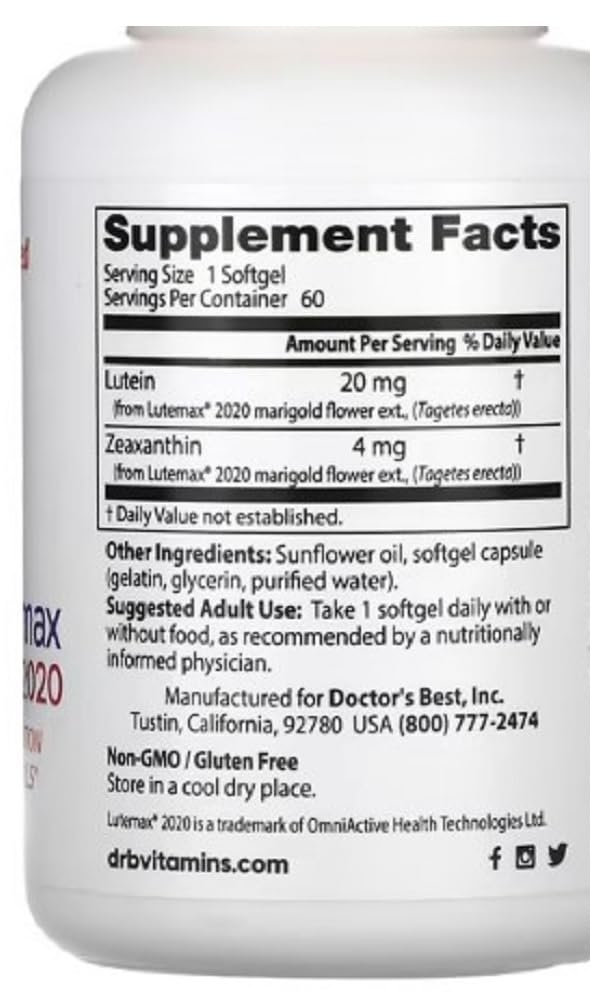 DoctorsBEST Doctor's Best - Lutein with Lutemax 2020 | Supports Eye Health and Vision - 60 softgels