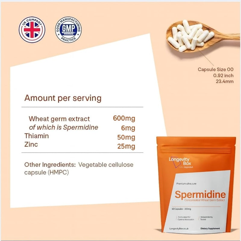 Spermidine Supplement 60 Vegan Capsules 6mg from 600mg Wheat Germ Extract with Zinc Thiamin 99% Pure Third-Party Tested Non-GMO 60 count (Pack of 1)