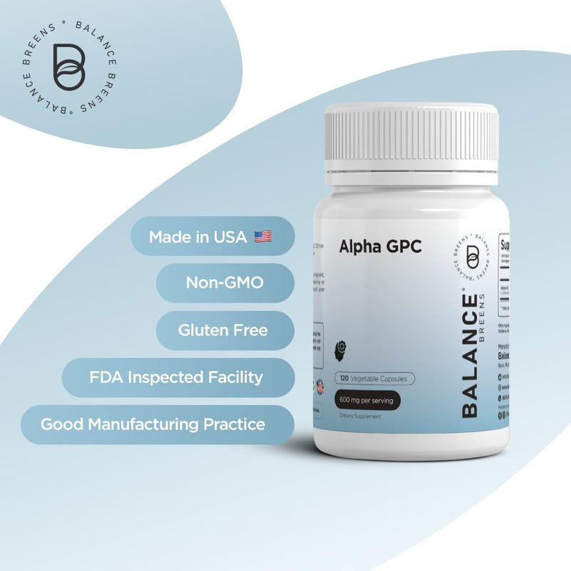 [Australia] - Alpha GPC Choline Supplement 600mg – 120 Vegetable Capsules - Advanced Memory Formula, Nootropics Brain Support Supplement - Non-GMO and Gluten Free Pills by Balance Breens 120 Count (Pack of 1) 