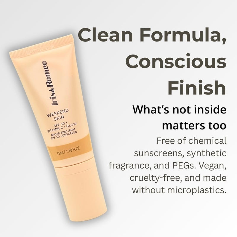 IRIS&ROMEO Weekend Skin SPF 50 Instant Glow Tinted Mineral Sunscreen with Vitamin C + Niacinamide Full Size 1.18 Oz - Universal Glow (Sheer Luminosity)