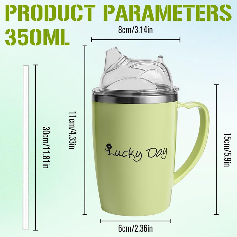 Adult Sippy Cups for The Elderly Non Spill, 3-in-1 Elderly Spill Proof Cups, 350ml Beakers for Elderly with Lid and 30cm Straw, Stainless Steel Dysphagia Cups with Handle for Elderly Patient Green