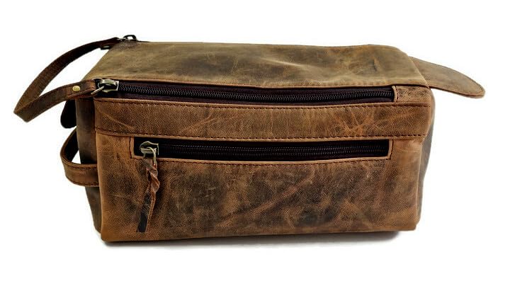 Leather Toiletry Wash Bag: Stylish Travel Organizer with Durable Construction and Water Resistant Lining.