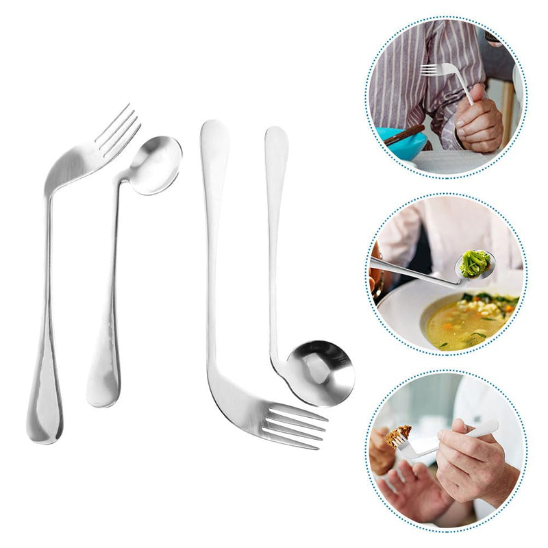 [Australia] - Curved Fork Spoon 1 Set of Angled Fork and Spoon Stainless Steel Elderly Left Handed Anti Shake Eating Utensils Self-feeding Learning Bendable Handle Silverware Angled 