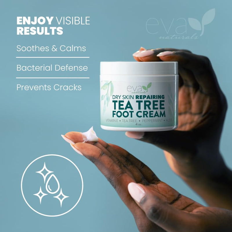Eva Naturals Tea Tree Foot Cream with Peppermint, Menthol & Aloe, 4 fl oz | Dry & cracked heels, feet, spearmint, sunflower oil, geranium, lotion & balm, for men & women 4 Fl Oz (Pack of 1)