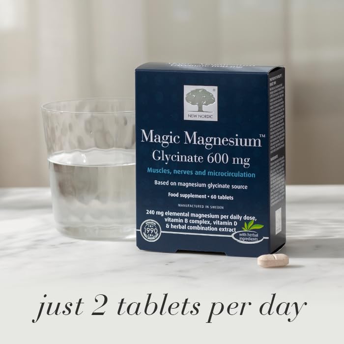 New Nordic Magnesium Glycinate, 600 mg Extra Strength, Sleep & Muscle Support for Women & Men, Pine Bark & Long Pepper Extract, 60 Tablets (Pack of 1) 60 Tablets (Pack of 1)