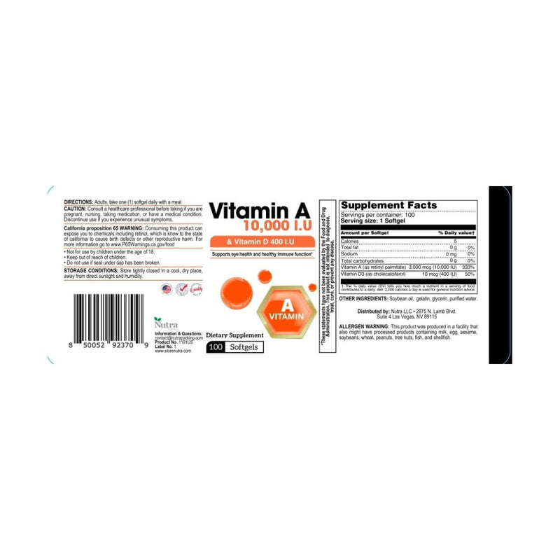 [Australia] - Nutra Vitamin A 10,000 IU & Vitamin D3 400 IU ‚Äì High Potency Softgel Supplement ‚Äì 100 Softgels ‚Äì 100-Day Supply ‚Äì Daily A & D Formula with Retinyl Palmitate & Cholecalciferol 