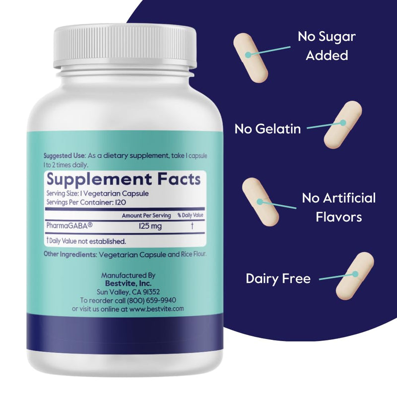BESTVITE PharmaGABA (120 Veg Caps) - Natural GABA Supplement | Patented Ingredient - No Stearates - Vegan - Non GMO - Gluten Free - Supports Calm, Relaxed, Focused State of Mind*