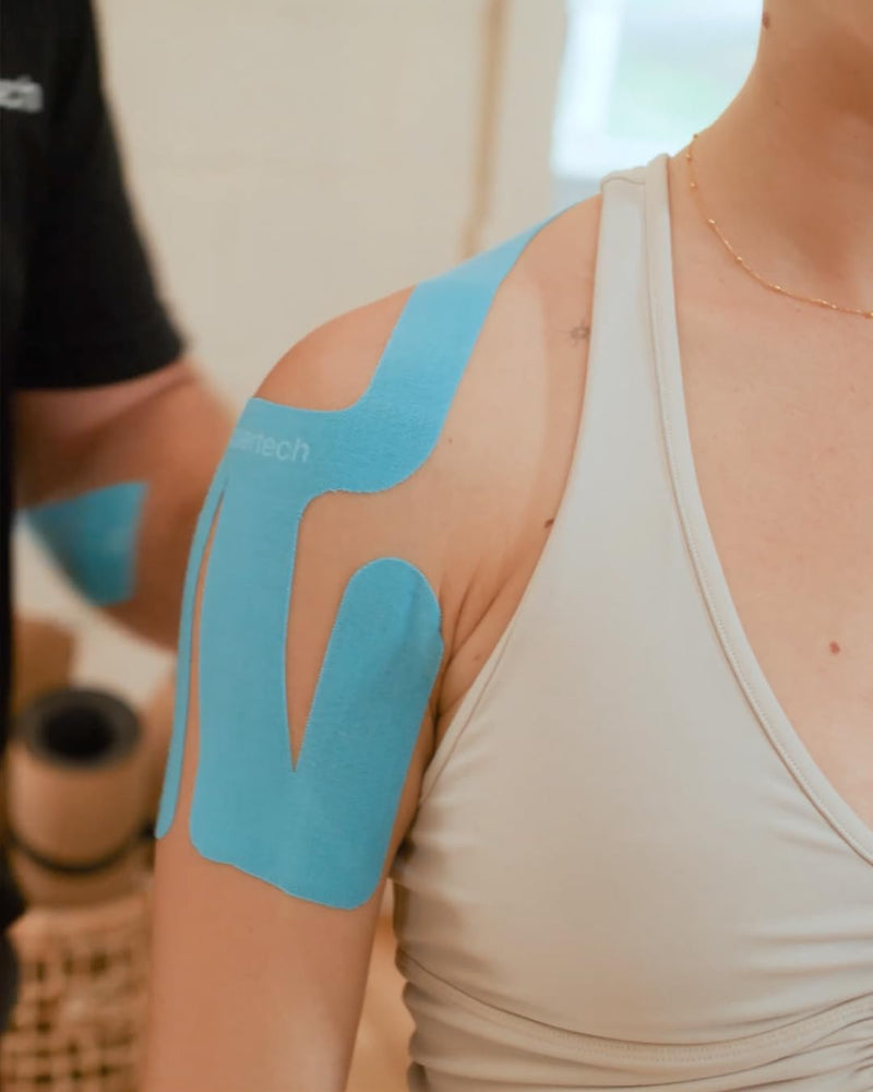 Spidertech Professional Pre-Cut Cotton Kinesiology Tape for Left Shoulder Support - for Athletes, Sports Physiotherapists, and Chiropractors, Pain Relief - Blue (4 Pack)