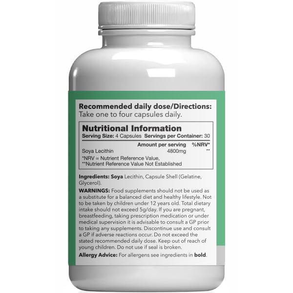 SOYA Lecithin 4800mg Capsules | High-Purity SOYA Lecithin | Contributes to Normal Cell Membrane Structure | 120 Capsules = Up to 4 Months’ Supply | UK Made | GMP-Certified 120 count (Pack of 1)