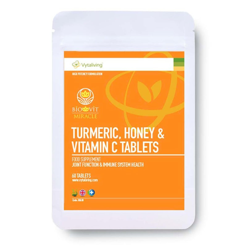 VYTALIVING 2500mg High Strength 120 Turmeric Tablets with Honey & Vitamin C, Turmeric Supplements, Herbal Food Supplement for Joint Function & Immune System Health | 120 Tablets