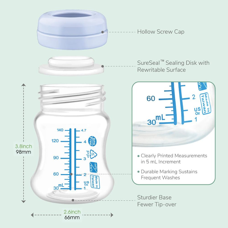 [Australia] - Maymom Wide-Mouth Milk Storage Collection Bottle with SureSeal Sealing Disk; Compatible with Spectra/Motif Luna/Ameda MYA/Bellababy Pumps. Can Replace Spectra S1 S2 Bottles, 6 pc (4.7Oz/140mL, 6pc) 6 Bottle 5oz Blue 