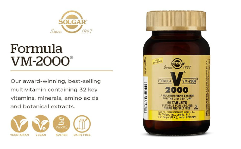 Solgar Formula VM-2000, 30 Tablets - - Multivitamin - Daily Wellbeing and Immunity - Rich in Antioxidants - Vegan, Gluten Free and Kosher Formula VM2000 | Multivitamin 30 count (Pack of 1)