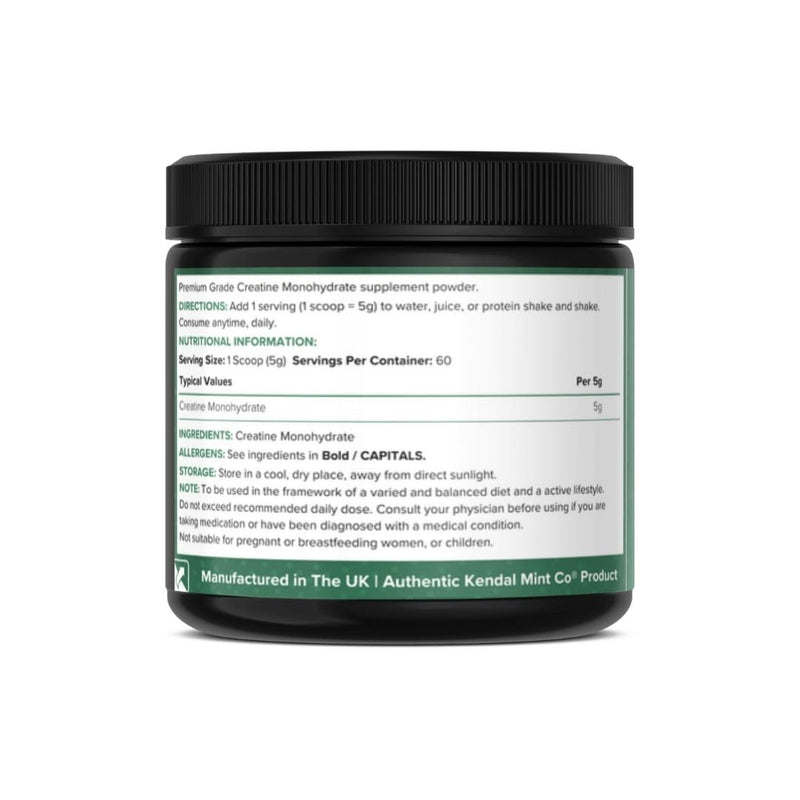 KMC Creatine Monohydrate Powder, 100% Pure UK Made, 300g, 60 Servings, 5g serving, Unflavoured, Easy Mix, Vegan Gluten Free -Supplement for performance, strength workouts & cognition by Kendal Mint Co