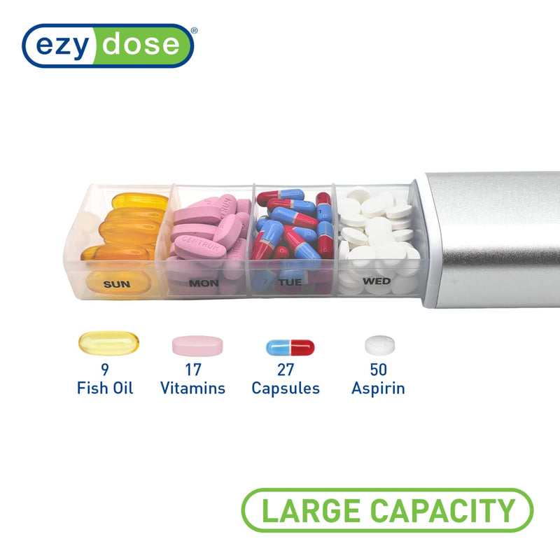 Ezy Dose Weekly (7-Day) Pill Organizer, Sliding Medicine Planner, Gray | Daily Medication Storage Case with BPA-Free Plastic with Aluminum Exterior, For Tablets, Vitamins & Supplements, 9-Inch 9 Inch