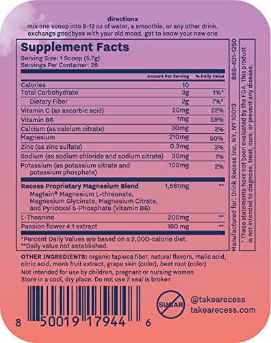 [Australia] - Recess Mood Powder, Calming Magnesium L-Threonate Blend with Passion Flower, L-Theanine, Electrolytes, Magnesium Calm Support Powder Supplement - Gradient Berry 28 Serving Tub 5.6 Ounce (Pack of 1) 
