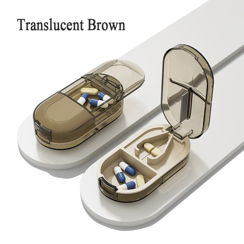 Travel Pill Organizer, 2-in-1 Small Portable Tablet Splitter Box | Tablet Cutter Pill Case for Cut Pills, Medication, Vitamin, Fish Oil, Supplement, Capsule Sorter, Transparent Brown Container