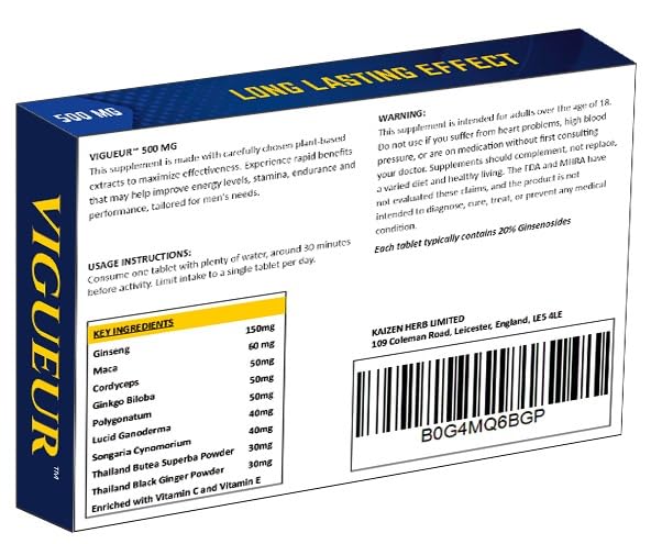 VIGUEUR 500mg New UK | Stronger | Longer | Harder | Performance | Extra Strength Enhancing, Stamina Endurance Booster Supplement Pills for Men | 10 Ginseng Tablets