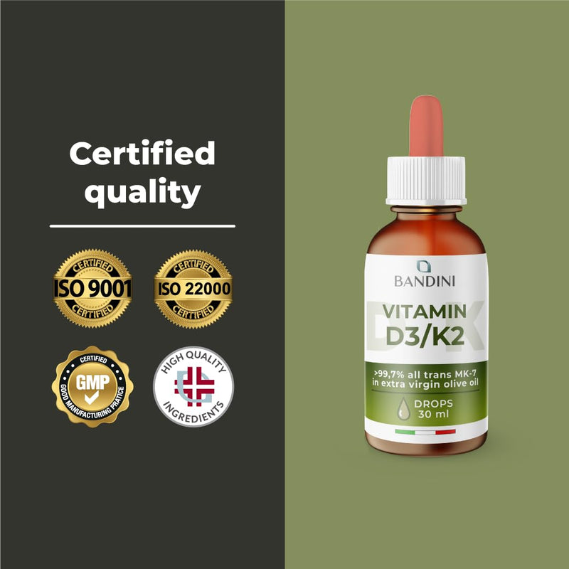 Bandini® Vitamin D3 K2 Drops, Extra Virgin Olive Oil EVO, Cholecalciferol 1000 IU per Drop + VIT K 2 MK-7 Menaquinone Kappa 99.7% 100 mcg per Drop, Vitamin D Drops, D3 and K2, 100% Vegan