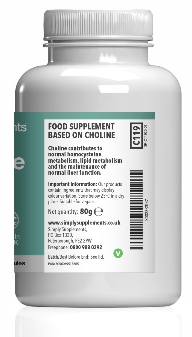 L-Choline Capsules | High-Strength 500mg Active Choline | Suitable for Vegans & Vegetarians | 120 Capsules = 2 Months' Supply | Manufactured in The UK in Accordance with GMP Standards New Label Design