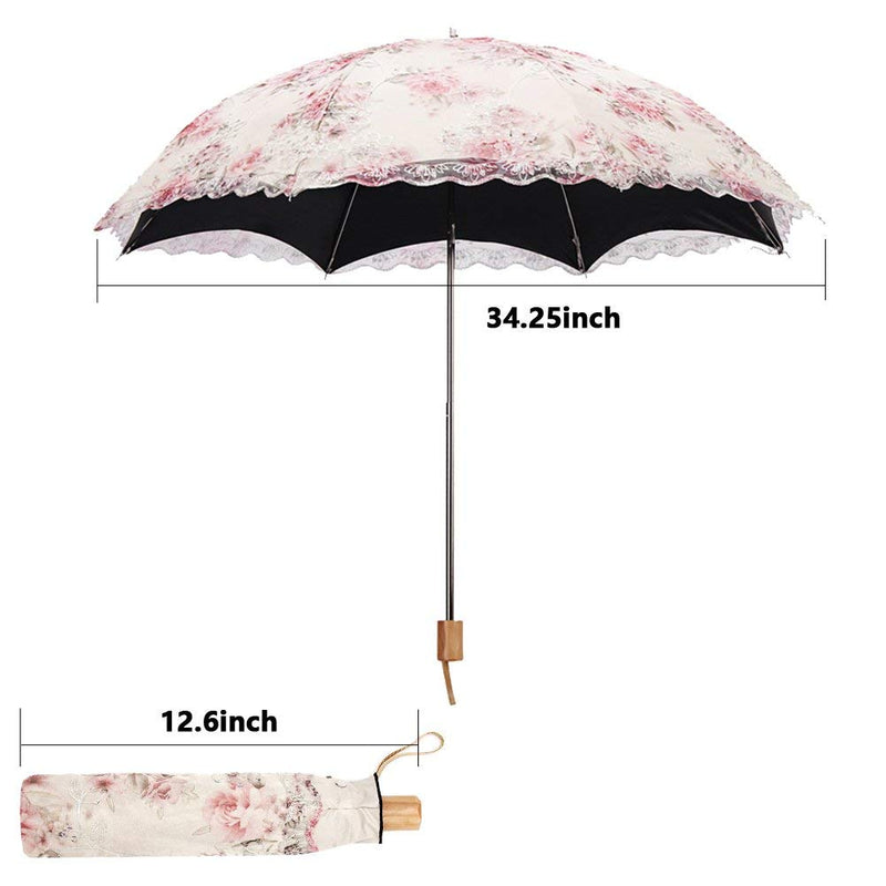 Honeystore Flower Print Vintage Parasol Anti-UV Folding Lace Embroidery Umbrella 2 Folding Beige