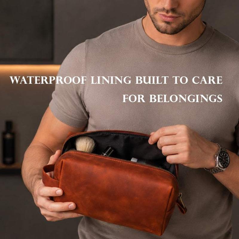 Full Grain Leather Toiletry Bag for Men – Handmade in USA – Waterproof Dopp Kit for Shaving Kit, Travel, Gym – Real Leather Serves as Gift for Dad, Husband, Boyfriend, Friend, Groomsmen