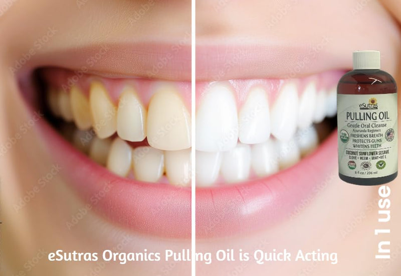 eSutras Pulling Oil Herbal Mouthwash Powerful Coconut Sesame Sunflower Oils + Essential Oils, Mint Clove Whitens Teeth Refreshes Breath Strengthens Gums