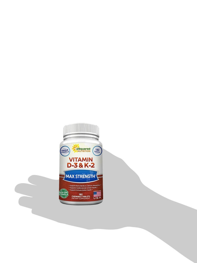 Vitamin D3 with K2 Supplement - 180 Chewable Tablets: Vit D-3 2000 IU & K-2 | Max Strength D3 K2 - Pure D-3 Cholecalciferol & K-2 MK7 to Support Healthy Bones, Teeth, Heart - Antioxidant Energy Formula 180 Count (Pack of 1)