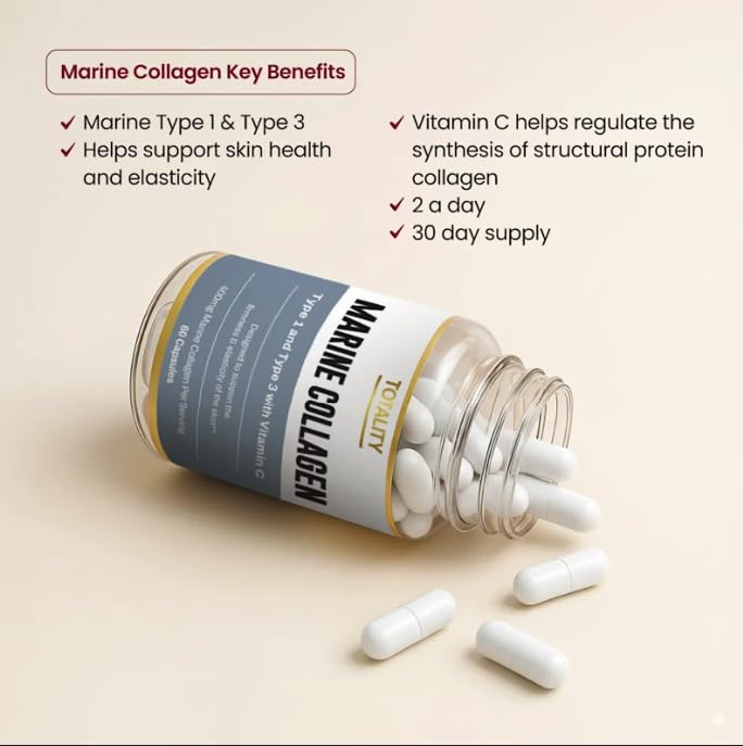 Totality Marine Collagen Capsules – Type I & III with Vitamin C, 400mg Per Serving – 60 Capsules, 30-Day Supply – Skin, Hair, Nail & Joint Support from Wild-Caught Marine Source
