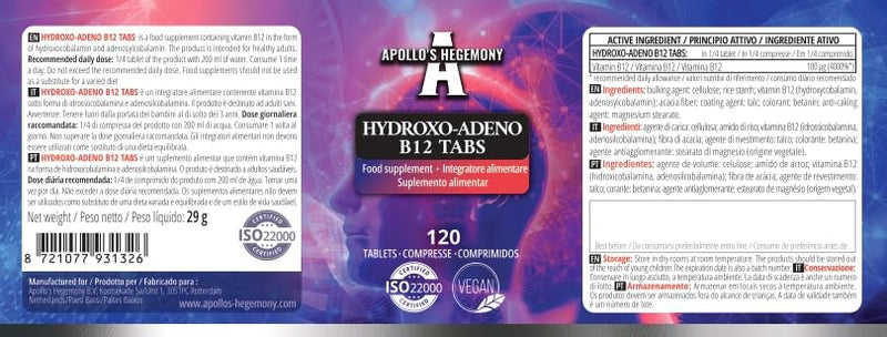 Vitamin B12 100 µg - Hydroxocobalamin & Adenosylcobalamin |120 Vegan Tablets | 480 Servings - Energy and Nervous System-by Apollo's Hegemony