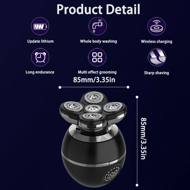 [Australia] - Upgrade 5-in-1 Electric Head Shaver for Men, LED Display, Multifunctional Cordless IPX7 Waterproof Rotary Grooming Kit 5 Heads 