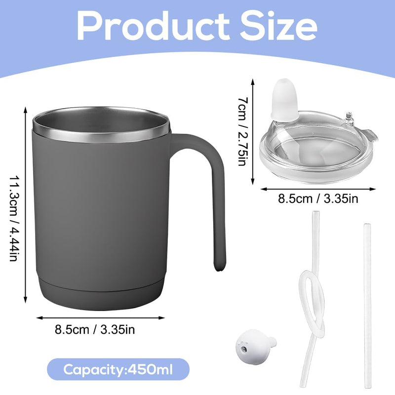 Beakers for Elderly 450ml, SGZIOO 3 in 1 Sippy Cup for Adults, Non Spill Cups for Elderly, Adult Sippy Cups for The Elderly Non Spill, with Lid, Straw, Brush, Aids for the Disabled Daily Living (Gray) Gray