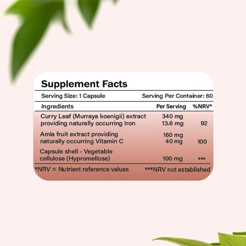 Iron & Vitamin C Supplement | 60 Vegan Capsules | Plant-Based Iron from Curry Leaves & Vitamin C from Amla | Supports Energy, Immunity & Reduces Tiredness | 2 Month Supply 1