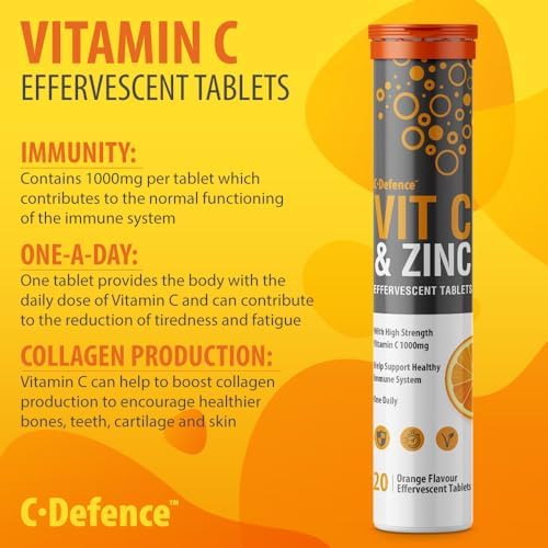 Vitamin C 1000mg & Zinc 15mg Orange Flavour Effervescent Tablets by Club Vits (6 Tubes of 20 Tablets)
