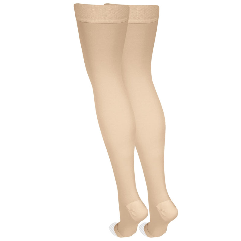 [Australia] - NuVein Medical Compression Stockings, 20-30 mmHg Support, Women & Men Thigh Length Hose, Open Toe, Light Beige, Medium Medium (1 Pair) 